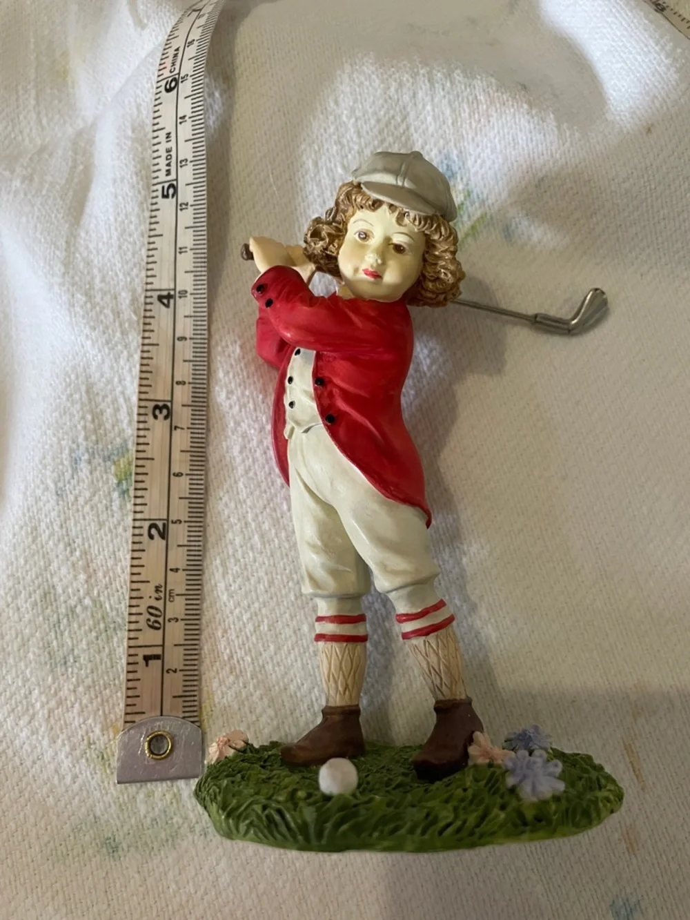 Vintage-Inspired Ceramic Golfer Figurine in Red and Cream